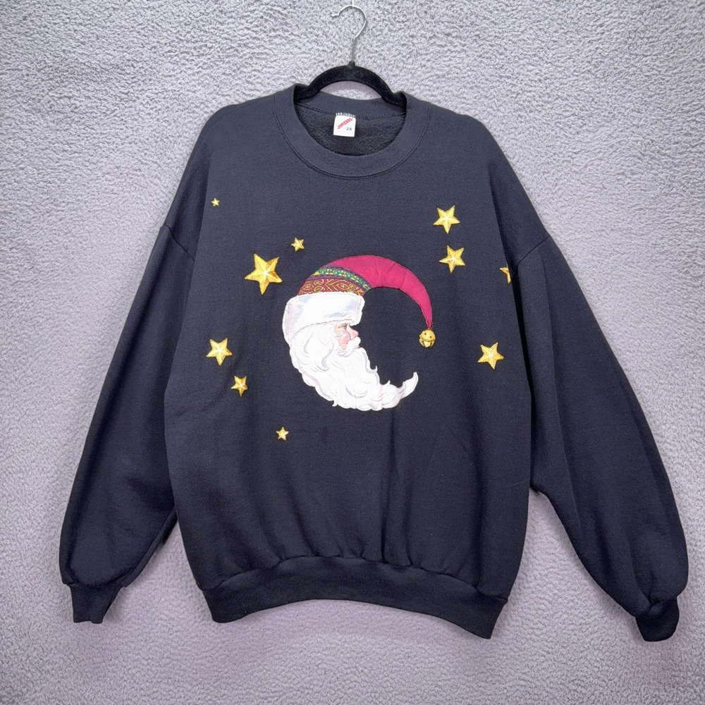 VTG Jerzees Santa Sweatshirt Adult 2X Black Moon Stars Christmas Bell USA 90s